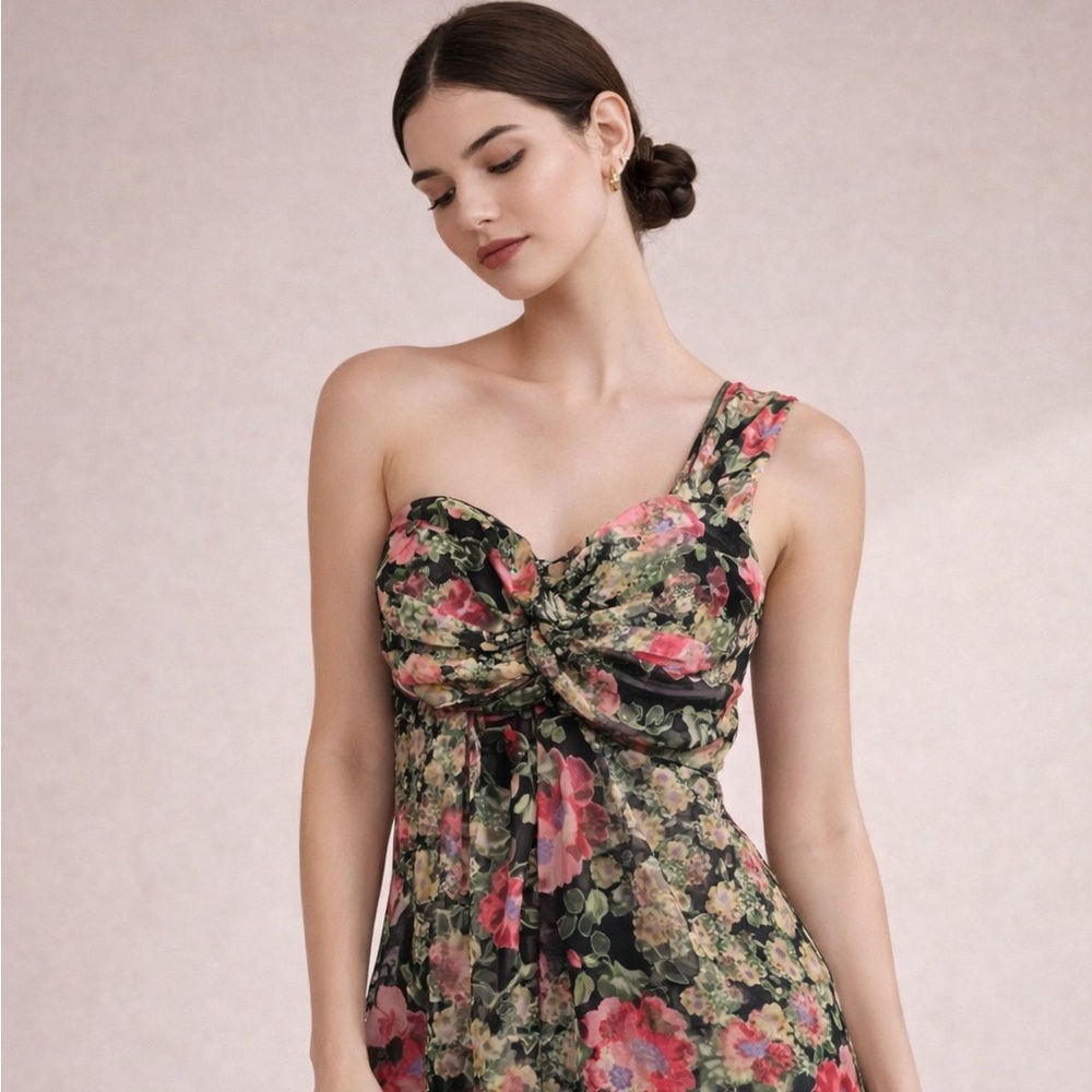 Floral One Shoulder Mini Dress Twist Bust Sheer Overlay